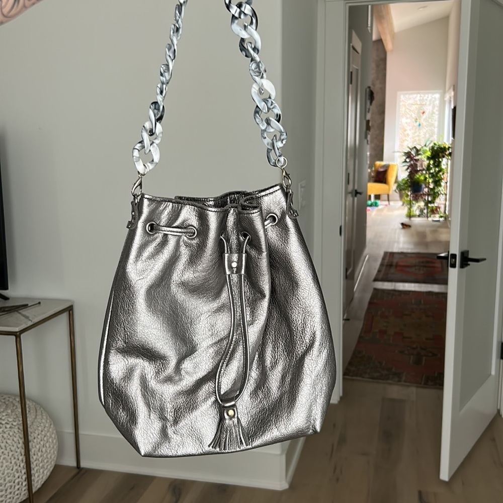 Cute silver handmade bag with acrylic strap